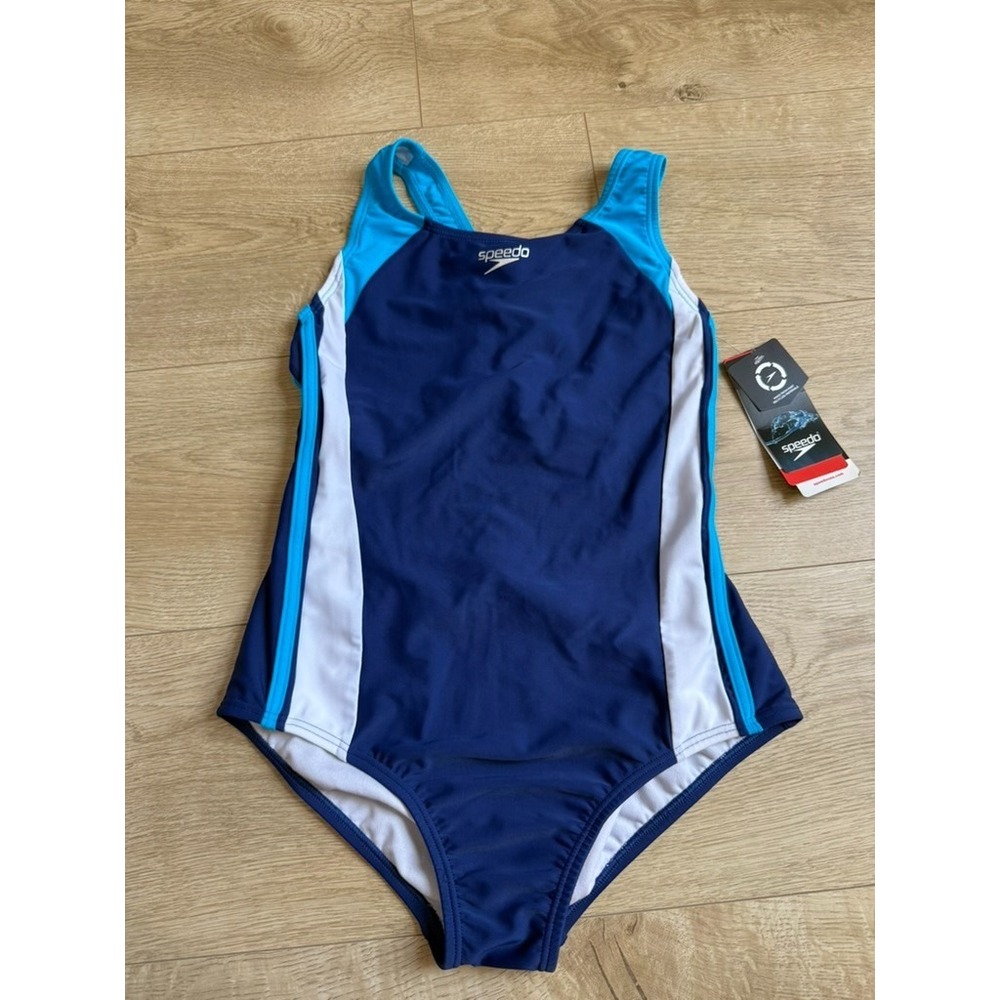 NWT Kids Girls one piece Speedo swimsuit Deep Water blue cutout back size 14